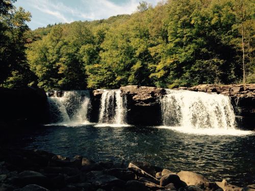 A serene waterfall cascades over rocks, surrounded by lush green trees under a clear blue sky.