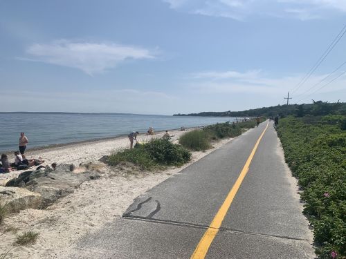 A sunny beach scene with a path alongside the water, people relaxing on the sand, and greenery lining the shore.