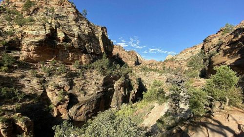 A scenic view of rugged canyon walls and lush greenery under a clear blue sky.