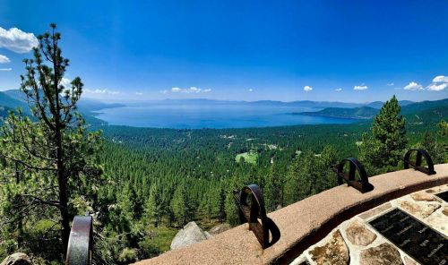 A panoramic view of a lake surrounded by mountains and lush green forests under a clear blue sky.