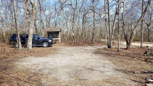 A parked SUV near a trailhead in a wooded area with bare trees and a small information kiosk.