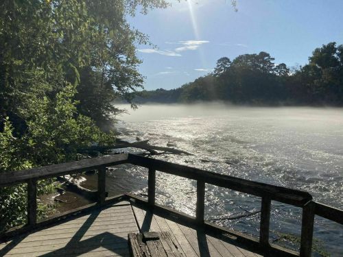 A misty river scene viewed from a wooden deck, surrounded by trees under a clear blue sky.