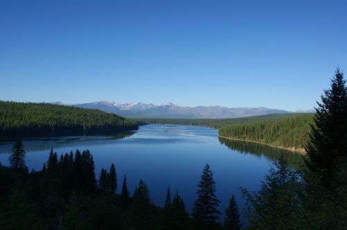 A serene lake surrounded by lush forests and mountains under a clear blue sky.