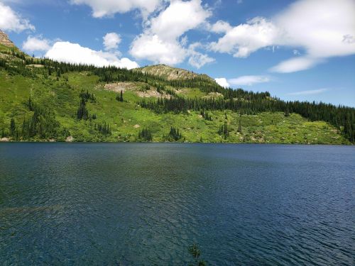A serene lake surrounded by lush green hills and trees under a partly cloudy sky.