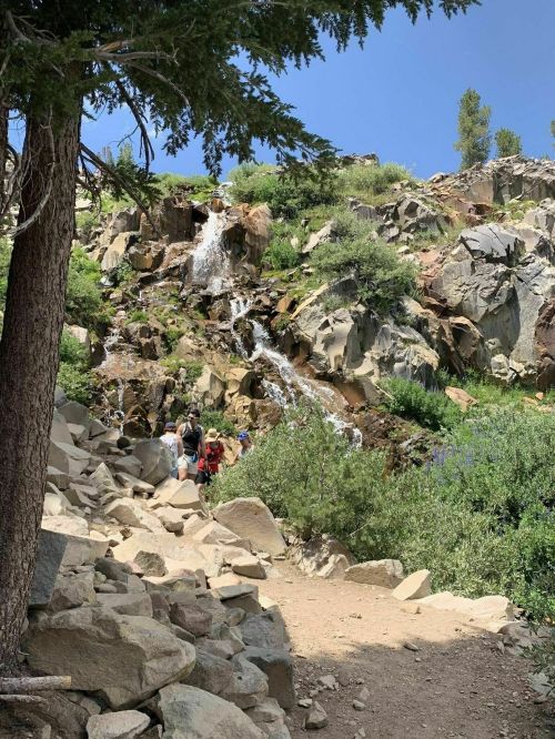 A scenic view of a rocky landscape with a waterfall, surrounded by greenery and people exploring the area.