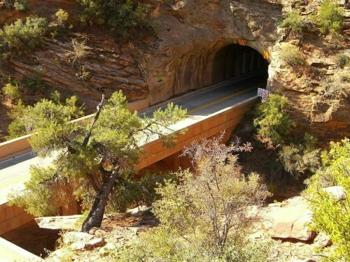 A road passes through a rocky tunnel, surrounded by trees and rugged terrain.