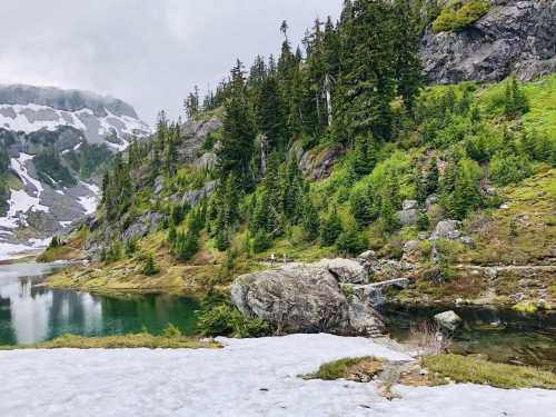 A serene mountain landscape featuring a clear lake, snow patches, and lush green trees under a cloudy sky.