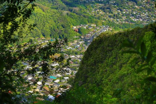 Aerial view of a lush green hillside overlooking a small town nestled in the valley below.