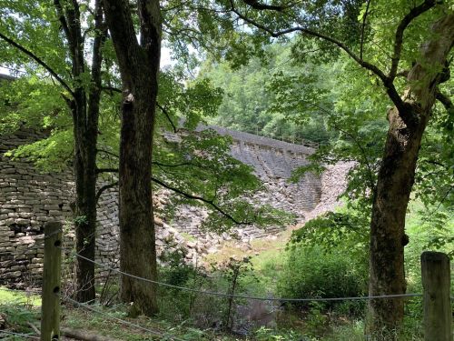 A stone dam surrounded by lush green trees and vegetation, with a small stream in the foreground.