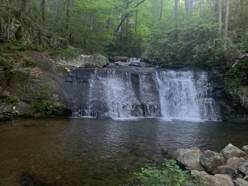 A serene waterfall cascades over rocks into a calm pool, surrounded by lush green trees and foliage.