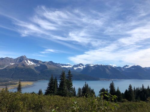 A scenic view of mountains and a lake under a blue sky with wispy clouds, surrounded by lush green trees.