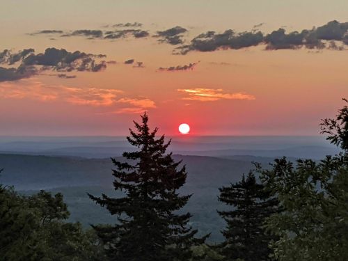 A vibrant sunset over rolling hills, with silhouetted trees in the foreground and colorful clouds in the sky.