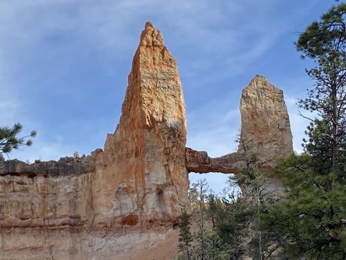 A towering rock formation with a natural arch, surrounded by trees and a blue sky.