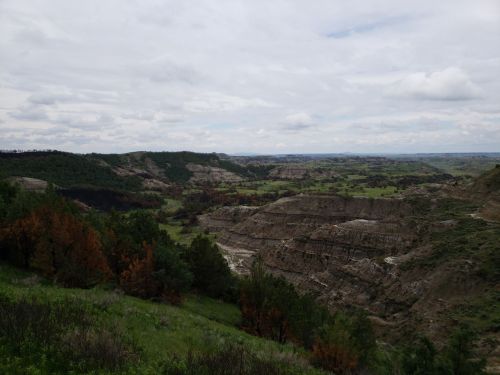 A panoramic view of rolling hills and valleys with green vegetation and cloudy skies in a rugged landscape.