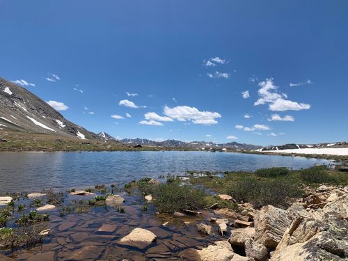 A serene mountain landscape featuring a clear lake, rocky shore, and distant snow-capped peaks under a blue sky.