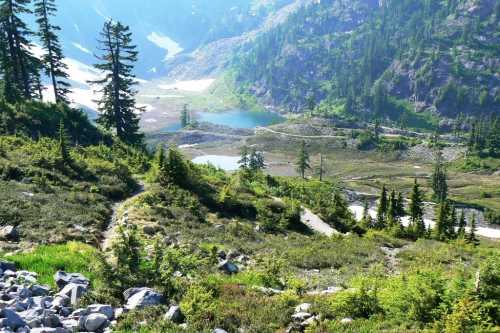 A scenic view of a mountainous landscape with lush greenery, a winding path, and a serene blue lake in the distance.