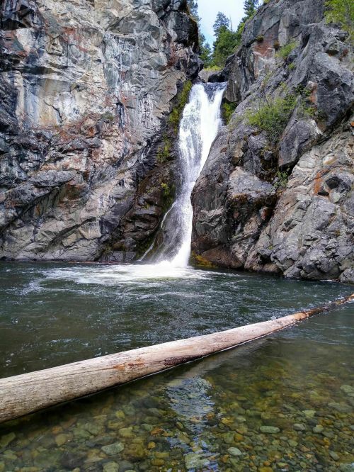 A waterfall cascades down rocky cliffs into a serene pool, with a fallen log resting on the water's edge.