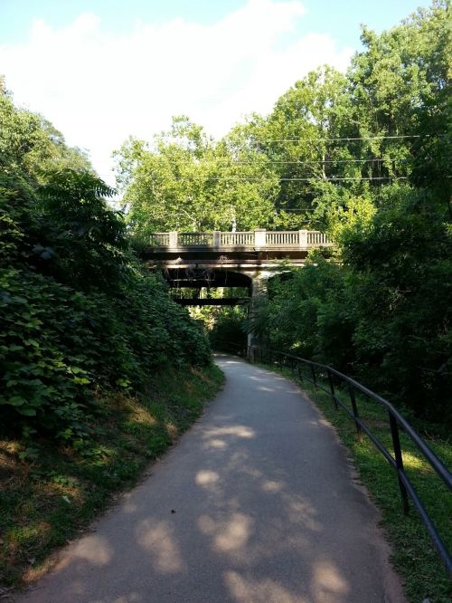 A winding path leads through lush greenery, with an old bridge overhead surrounded by trees under a clear blue sky.