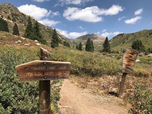 Wooden trail signs point towards Linkins Lake Trail and Lost Man Trail, surrounded by mountains and greenery under a blue sky.