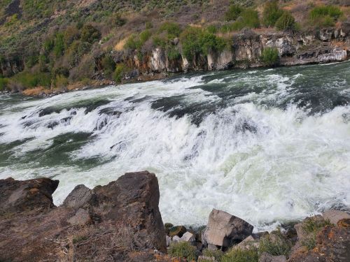 Rushing river water cascades over rocks, surrounded by lush greenery and rocky cliffs.