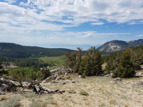 A scenic view of mountains and valleys under a partly cloudy sky, with trees and rocky terrain in the foreground.