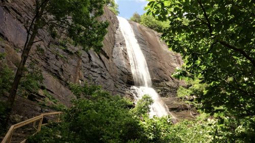A cascading waterfall flows down a rocky cliff, surrounded by lush green trees and foliage.