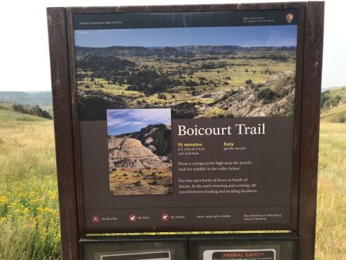 Sign for Boicourt Trail at Theodore Roosevelt National Park, detailing trail info and guidelines in a scenic landscape.