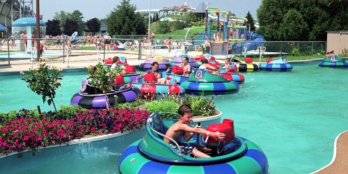 Children enjoying bumper boats in a colorful water park, surrounded by greenery and other attractions.