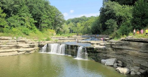 A serene landscape featuring a waterfall cascading into a calm pool, surrounded by lush greenery and rocky terrain.