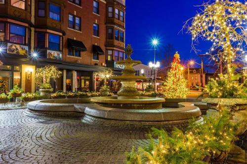 A festive plaza at night featuring a fountain, holiday lights, and a decorated Christmas tree.