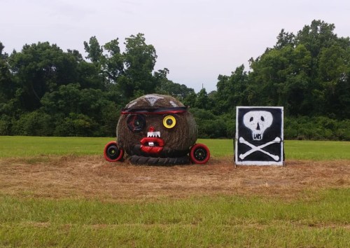 A large, painted hay bale with a face and a skull-and-crossbones sign in a grassy field surrounded by trees.