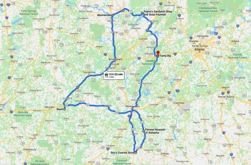 Map showing a route through Alabama, highlighting stops at various locations including Tasty Dip and Dee's Country Store.