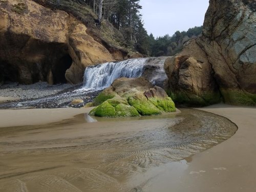 A serene beach scene featuring a waterfall cascading over rocks, surrounded by lush greenery and sandy shores.