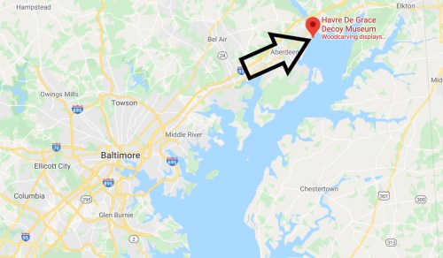 Map showing the location of the Havre De Grace Decoy Museum near Aberdeen, Maryland, with woodcarving displays.