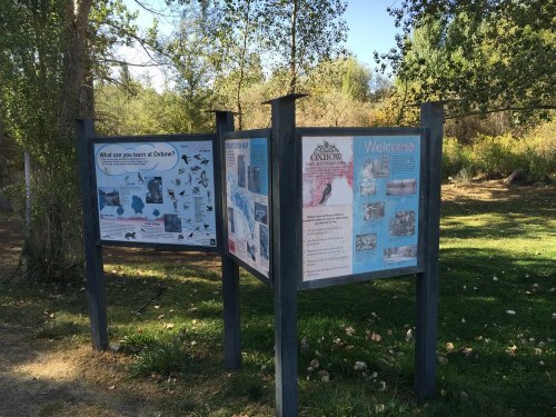 Two informational signs in a park, featuring educational content about Oxbow and local wildlife, surrounded by trees.