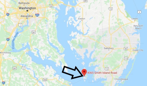 Map showing the location of 4065 Smith Island Road, near Salisbury, Maryland, with nearby landmarks and water bodies.