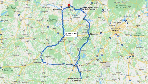 Map showing a route from Mooresville to the Pioneer Museum of Alabama, highlighting key stops along the way.