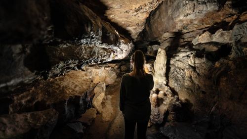 A person stands in a dimly lit cave, surrounded by rocky formations and illuminated by soft light.