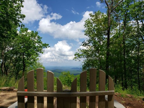 A wooden bench overlooks a scenic view of rolling hills and a blue sky with fluffy clouds, surrounded by trees.