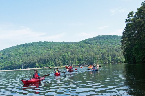 A group of kayakers paddles on a calm lake surrounded by lush green hills under a clear blue sky.