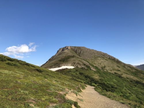 A scenic mountain landscape with a clear blue sky, green hills, and a winding dirt path leading towards the peak.