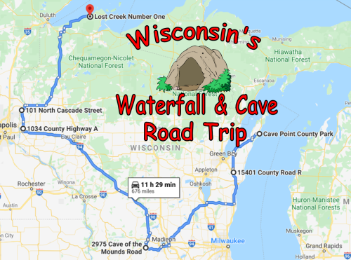 Map of Wisconsin highlighting a road trip route for waterfalls and caves, with key locations marked.