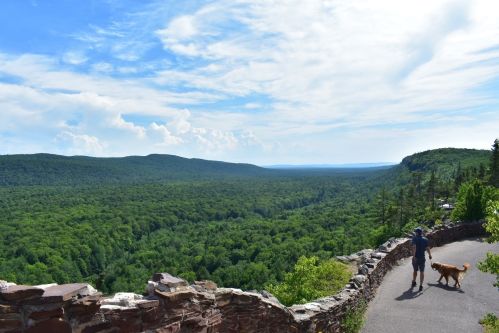 A person walks a dog along a scenic overlook, with lush green mountains and a blue sky in the background.