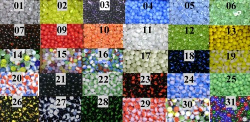 A grid of colorful marbles in various patterns and colors, each labeled with a number.