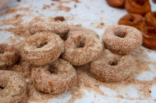 A pile of cinnamon sugar-coated donuts on a surface sprinkled with cinnamon sugar.