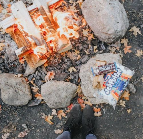 A campfire surrounded by rocks and autumn leaves, with Hershey's chocolate and peanut butter cups nearby.