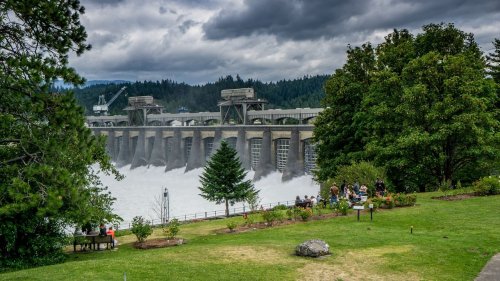 A dam releasing water, surrounded by trees and a grassy area with visitors enjoying the view under a cloudy sky.
