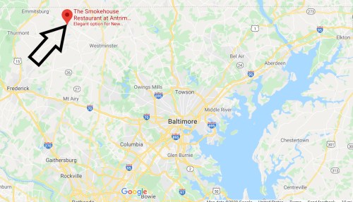 Map showing Baltimore and surrounding areas, with a marker for The Smokehouse Restaurant at Antrim near Emmitsburg.