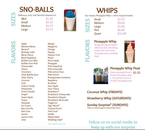 Menu featuring Sno-Balls and Whips with sizes, flavors, and prices for each item. Tropical treats highlighted.