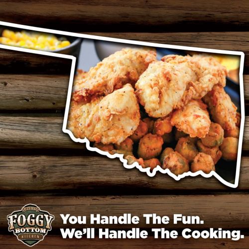 Fried chicken and okra served on a wooden background with the text: "You Handle The Fun. We’ll Handle The Cooking."